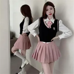 Clothing Sets Korean Chic School Uniform Girls Spring/Autumn American Style JK Set Women's Vest Shirt Knitted Pleated Skirt Pink