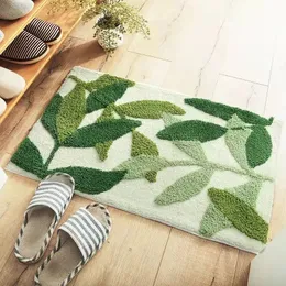 Gröna blad Flocking Bath Mat Non-Slip Absorberande Microfiber Badrumsmatta Hem Ingång Dörr Mat Super Soft Bath Mattan TAPIJT 240518