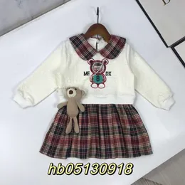 meninos meninas camiseta de meninas garotas de garotas da primavera da primavera boneca de outono pescoço de urso pequeno saia xadrez emendado vestido de duas peças