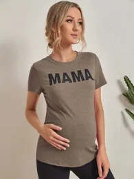 マタニティトップスティー妊婦レターパターンMarled Tシャツカジュアルボトム短袖トップY240518