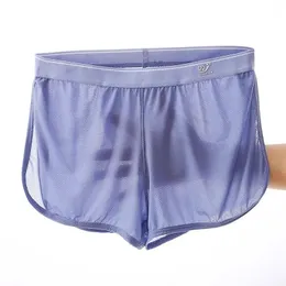 WJ Sexiga sömnbottnar Män shorts Ice Silk Mesh Breattable Underwear Boxers Transparent Wear Underpants 240509