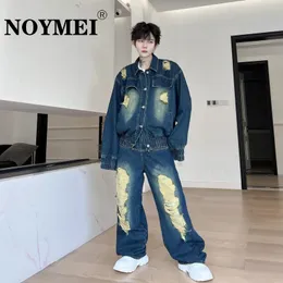 Noymei Autumn Elastic Denim Jacket Straight Wide Leg Jean Mens Loose Two Pieces Set Fashionable American Y2K Hole WA3493 240507