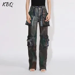 Frauen Jeans KBQ Streeetwear Hit Farbe für Frauen hohe Taille Patchwork -Taschen Vintage Casual gerade Bein Jeanshose Frauenkleidung