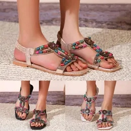 Fashion Hollow Rhinestone Ladies Sandals Summer Beaded Flat Bottom Bohemian Comfortable Large Size Yoga Sling for Women Wide 785 d 4560