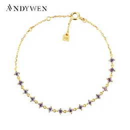 Andywen 925 Sterling Silver Purple Zircon Chain Chain Soft Bracelet Mulheres Moda Moda Crystal Jóias 240518
