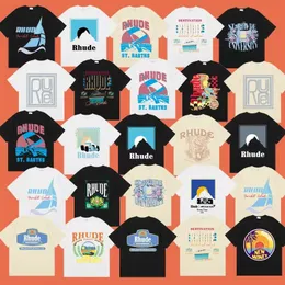 Rhude T 셔츠 여름 아메리칸 하이 스트리트 코코넛 팜 트럭 프린트 남성 디자이너 티셔츠 느슨