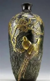 Whole Cheap Z Chinese Collection Bronze Statues Goldplating Flower Bird Vase pot 20cm214n2184098