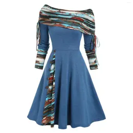 Sukienki swobodne dla kobiet kabrioletowe w paski sukienkę z rozszerzoną pasiastką z foldover z dzianiny na ramionach Długie rękaw 2024