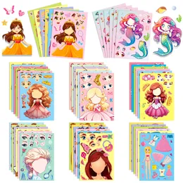 Cartoon Princess Refaced Stickers 6PCS Waterproof Comic Anime Girls Mermaid Sticker Set Girls Gift Notebook Guitar Laptop Bottle Patches DIY Decals 6 Sheets
