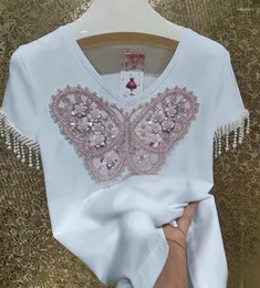 Koszule damskie ręcznie robione z koralikami Perl Pearl Tassel krótki rękaw biały t-shirt Kobiet 2024 Summer Chinese Cequine Butterfly Haft bawełniany top