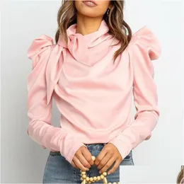 Womens Blouses Shirts Satin Tops Stand Collar Long Puff Sleeve Outwear Shirt Blouse Pleated Spring Solid Color Bow 2021 Drop Delive Dhfme