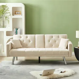 ZK20 Beige Linen Convertible Sofa and Bed ، ومساند ذراع الذراع المربعة ، يمكن أن تحمل كوب المياه ، وسادة اثنين