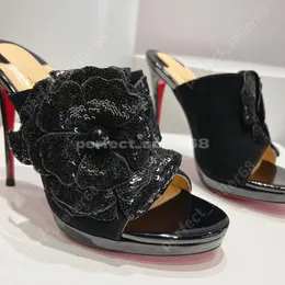 Klassiska sandaler topp lyxig designer klänningskor läder runda kristall diamant dekorerade kronblad klara glas klackar rygglös 12 cm låda