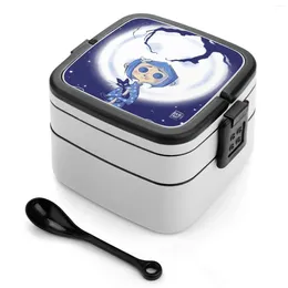 Geschirr sei vorsichtig, was Sie sich wünschen.Bento Box tragbares Mittagessen Weizen Strohhalm Container Coraline gruselige Horror -Cartoon