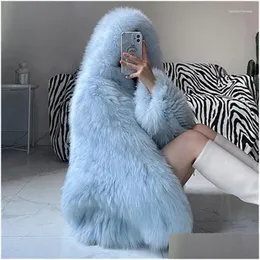 Women'S Fur Faux Womens Blue Winter Warm Coat Women Bat Sleeve Thick P Fluffy Jacket Ladies Lazy Loose Hooded Outwear Luxury Cloth Dhneu