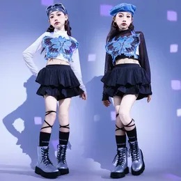 Girls Modern Jazz Dance Costume Kids Crop Top Skirt Black Teenager Kids Hip Hop Outfits Children Kpop Performance Wear 240517