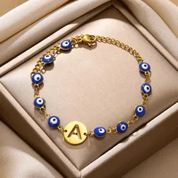 Glücksblau Augenbuchstaben Armbänder für Frauen Mädchen Amulett Schmuck Edelstahl Gold Farbe Hohlhöhe Rundarmband Femme 240515