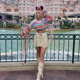 Kadın Sweaters Moda Çizgili Çok Renkli O Boyun Sweaters Sıradan Uzun Kollu Yüksek Elastik Kazak Top 2023 Sonbahar Kış Kışlı Kadın Sıcak Sweaters J240518