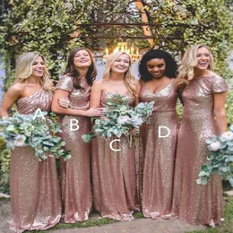 Roségold Pailletten verschiedene Stile lange Brautjungfernkleider für Hochzeit