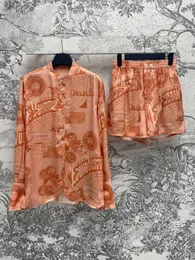 Kvinnors tvåbitar byxor Shorts Set Print långärmad toppar Single Breasted Loose Blouse +High midjeshorts 2024 Casual Suits