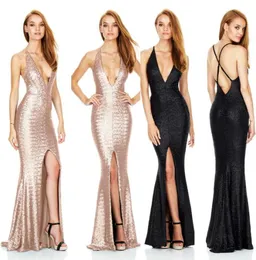 Nyaste 2018 Maxi Dress Deep Vneck Hollowout Strap Sexig Long Prom Party Dress Empire Split Sequin Evening Dresses9048861
