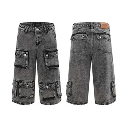 Amerikansk stil tvättad gammal designer jean kort multi-fickig bred ben rak svart denim shorts för män knä längd