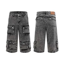 Estilo de estilo americano lavado antigo designer Jean Short Multi-Pocket Wide perna larga preta shorts jeans pretos para homens comprimento do joelho