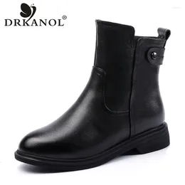 ブーツDrkanol Women Snow 2024 Winter Warm Natural Wool Shoes Side Zipper Round Toe Shearling Fur Flat Heel Leather Ankle