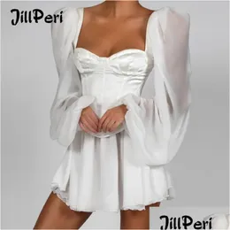 Basic Casual Dresses Jillperi Women Lantern Sleeve Chic Corset Chiffon Dress White Summer Square Neck Ol Elegant Outfit Sexy Party Dhdtn