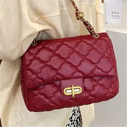 Bag Rhombic Pattern Chain Square for Women's Classic Pu Lock Shoulder with Flap Lady All-Match Solid Color Crossbody Handbag