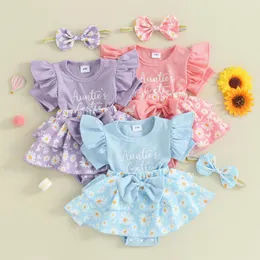 ROMPERS PUDCOCO Säugling Baby Girls Sommer Strampler Kleid Fliegerhülle O Halsbrief Daisy Print Patchwork mit Stirnband 0-18m