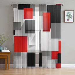 Cortina geométrica vermelha preta cinza sólido abstrato cortinas puras para decoração de sala de decoração de cozinha de tule voile