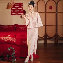 Casaco de casamento de tendência chinesa de bordados cantonês + Cheongsam Toasting vestido de noiva da noiva de duas peças vestido rosa