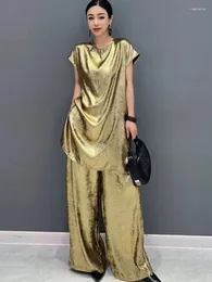 Kvinnors tvådelade byxor Vefadisa 2024 Summer Gold Set Chinese Style Långärmad toppbrett ben Fashion HLX018
