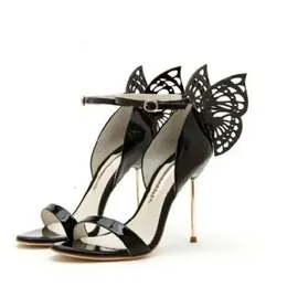 Sandali da donna tacco di brevetto in pelle alta con fibbia Solido vuoto Ornamenti farfalla per farfalla Peep-Toe 4 colori taglia 012