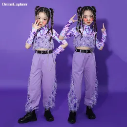 Girls Hip Hop Sequin Crop Jacket Joggers Clothes Sets Kids Top Stage Show Costumes Children Streetwear Street Dance Purple Pants 240515