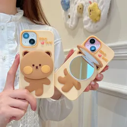 Ikorean Cute 3D Mirror Stand Bear Cellphone Silicone Case för iPhone 15 13 14 Pro Max 15Promax Protection Case Kawaii Back Cover 1 st