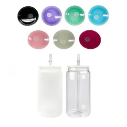 Replaced Colorful Plastic Lids for 16oz Glass Tumbler Suit for 20oz Glass Cans and 12oz 15oz Double Wall Can Glass Jar with Straw Hole 5 Colors NEW 0518