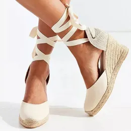 Summer Large-size Wedge Sandals for Women Thick-soled Toe Wrap Heel Ring Strap Cloth Hemp Rope Sandals Womens Shoes 240509