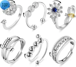 6 pezzi ansia ansia anello per le donne anello regolabile aprire cz cubico zirconia anelli diamantato anelli di perline rotabili anelli ape margheri