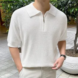 INCERUN Tops Korean Style Mens Knitted Zippered Lapel Design Shirts Leisure Simple Comfortable Short Sleeved Blouse S5XL 240518