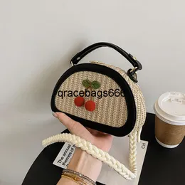 Summer Straw Bag Cute Little Cherry Shoulder Crossbody Ethnic Wind Half Round Saddle Beach Holiday Womens Bags