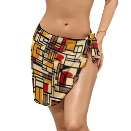 Vintage Geometric Beach Bikini Cover Up De Stijl Chiffon Cover-Ups Woman Graphic Wrap Scarf Swimwear Oversize Swimsuit