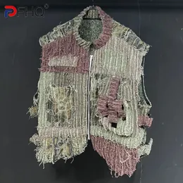 PFHQ Herren Weste gewaschene Dicke Camouflage Patchwork Reißverschluss Persönlichkeit im Freien im Freien im Freien im Freien Vintage Vintage Vielseitige Weste 21Z3508 240516