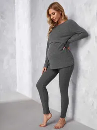 Top maternita Tees Womens Solid 2pcs Donna incinta set Maglietta per l'alimentazione del seno e pantaloni impostati per la primavera e l'autunno H240518