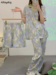 Frauen Nachtwäsche 3 PCs Pyjama Sets Frauen Sommer Lose gedruckt anmutiger schicker süßer Lady Vintage glattes Freizeitheim Ins Trendy trendy
