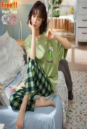 Atuendo Summer Fashion Green Pajamas مجموعات للنساء Atoff Home Satin Silk Lounge Sleepwear 100 Cotton PJS Kawaii Soft Homewear 216988457