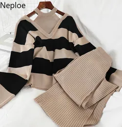 Neploe 2020 2PCS Set Women Knitted Pullovers Sweater Halter Stripe Knit Jumper Tops Wide Leg Long Pants Suits Tracksuits 56431 T4433901