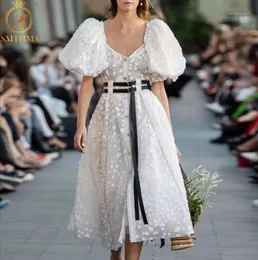 SMTHMA 2020 New Fashion Women039s Dot Dress VNeck Puff Sleeve High Waist With Sashes Summer Long Dresses Vestido13301375