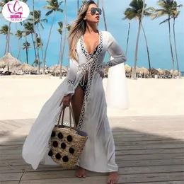 Lady White White Knitting Beach Cover Up Dress Tunic Tunic Long Pareos Bikini UPS Swim Tose Plage Beachwear